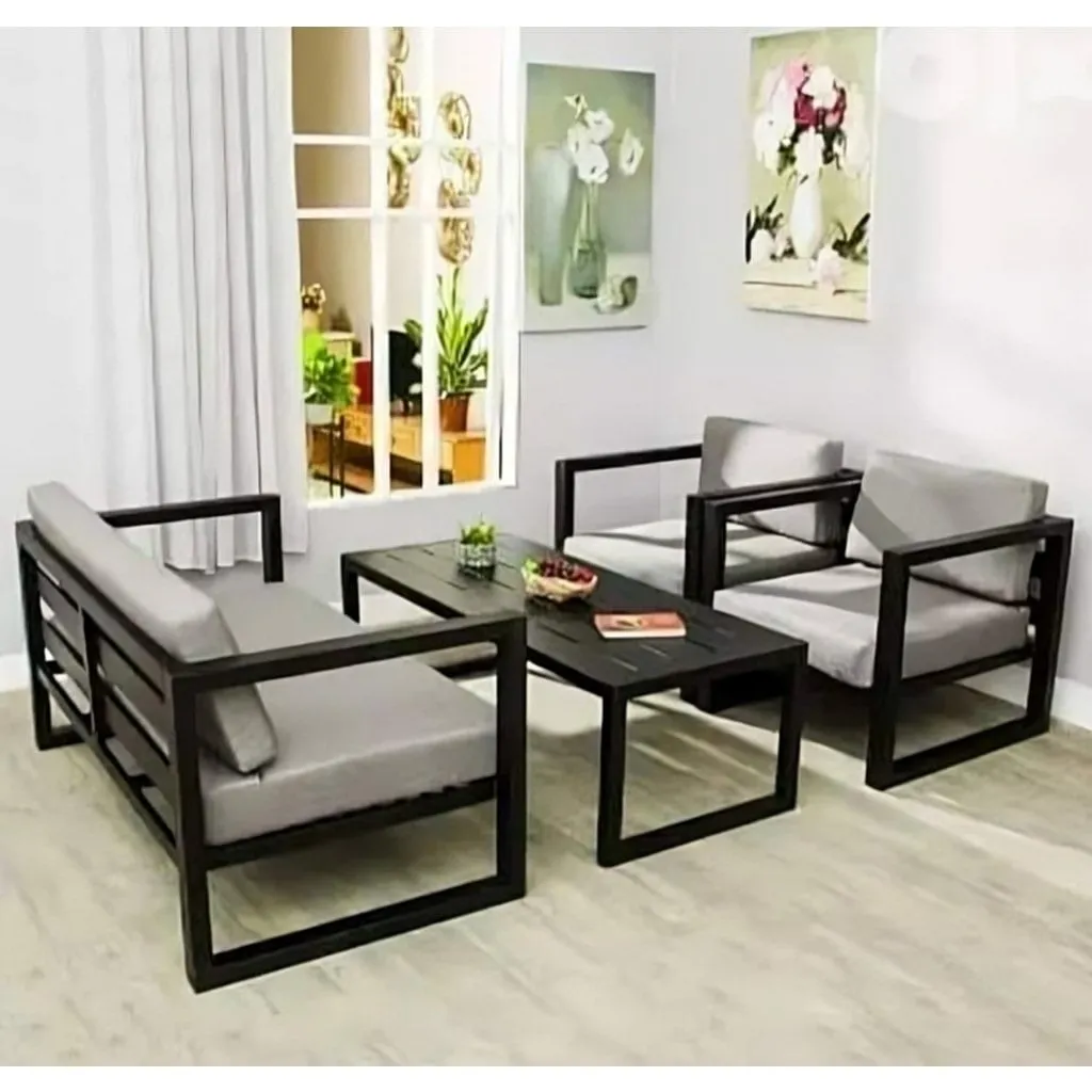 طقم اثاث خارجي حديد وخشب موسكي ووتر بروف وبلاستك وفايبر و اسفنج 6 مقعد - رمادي واسود واصفر