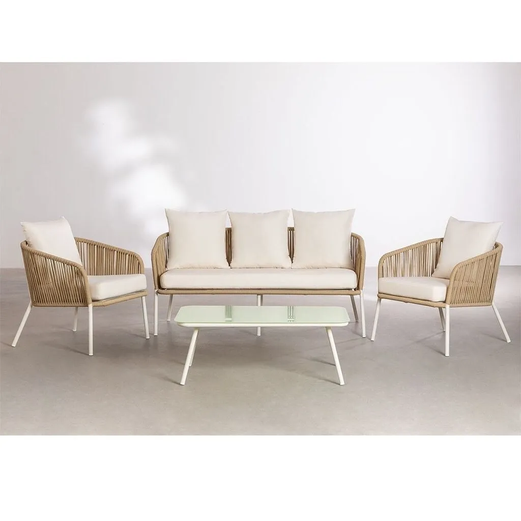 طقم اثاث خارجي حديد و حبل وزجاج ووتر بروف وبلاستك وفايبر و اسفنج 3مقعد - بيج وابيض