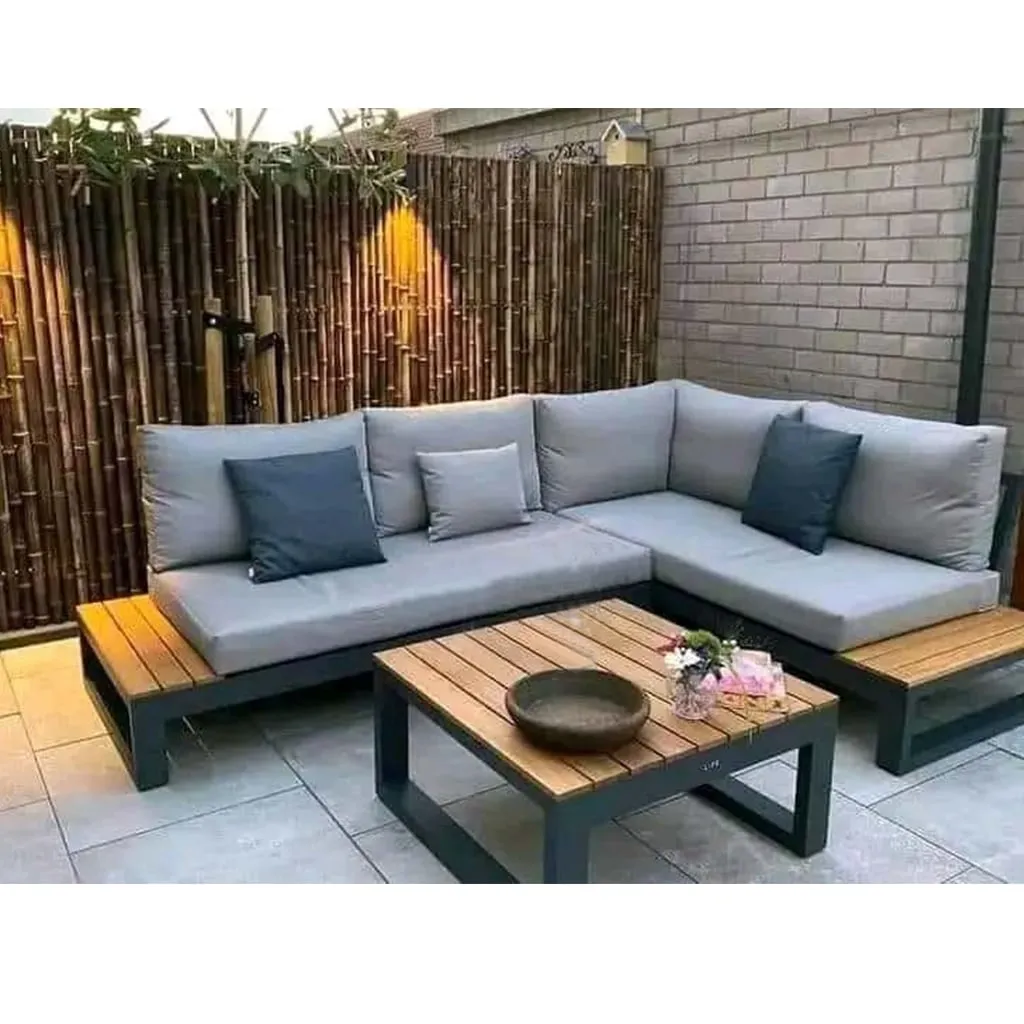 طقم أثاث خارجي قطعتين خشب موسكي وحديد رمادي وأسود